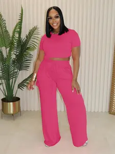 USBoutiqueCHIC Women's Summer Loose Fit Short Sleeve Top & Wide Leg Pants Set in Hot Pink 180GSM Milk Silk Brushed Fleece Loungewear - Black