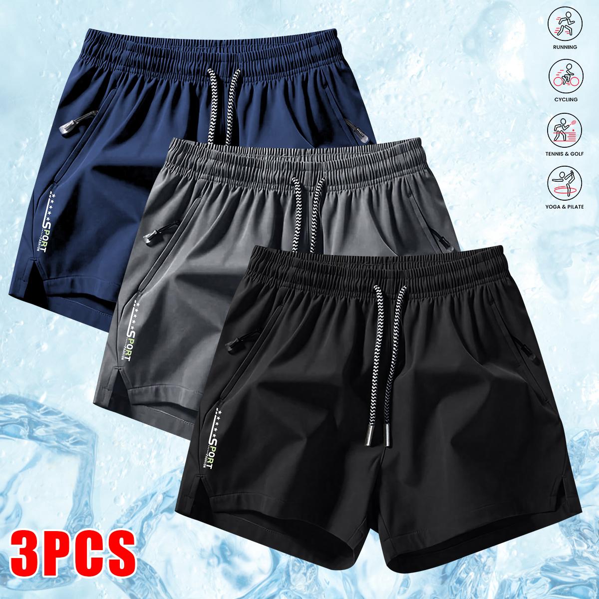 Men's 3-Pack Athletic Casual Split Shorts, Breathable Quick-Dry Gym Running Sport Shorts, Mens Clothing with Letter Print, Zippered Pockets, Drawstring Waist, Lightweight for Workouts, Outdoor Wear, Breathable Sport Shorts