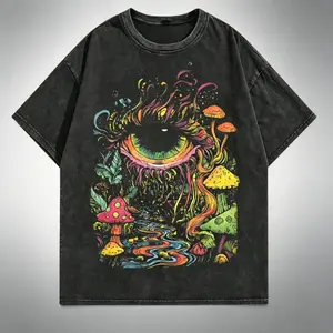 Men's Short-Sleeve Bl Cotton Tee Top, Round Neck Graphic T-Shirt, Dark Background with Vibrant Green Eyes & Mushroom Forest, Soft Breathable Knit Fabric, Stretch Fit, Festive for Halloween, Streetwear