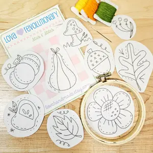 Lova Revolutionary Fall Stick & Stitch Embroidery Pattern Pack - 9 Autumn Designs Apple Leaves Acorn Mushroom & More for Creative Crafting