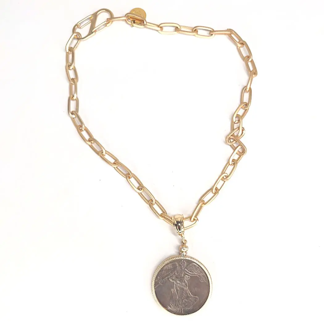French Coin Chunky Pendant Necklace - Gold Paperclip Link Chain, 2-Tone Silver Coin in Gold Setting, Adjustable Length, Detailed Flip Side, Chic Gorgeous Jewelry for Evening, Business