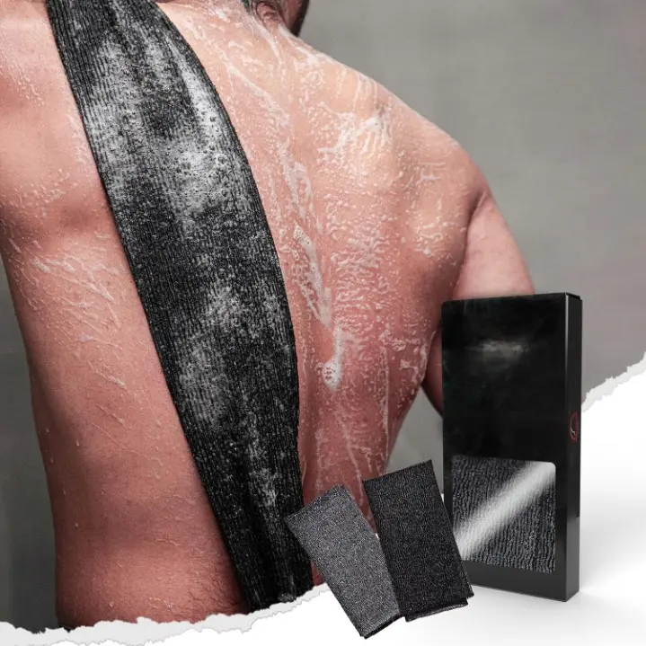 Extra Rough Exfoliating Washcloth Towel - Adjustable Bath Personal Care Tool for Stress Relief & Pain Relief, Body & Back Shower Scrubber, Hygienic Fiber Sponge, Men & Women, 2-Count Black & Grey Pack