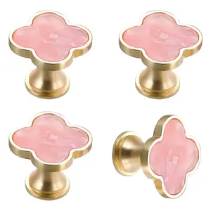 Luxurious Clover Cabinet Door Knobs Set of 4, Premium Brushed Gold Base Drawer Pulls, Embedded Shell Inlays