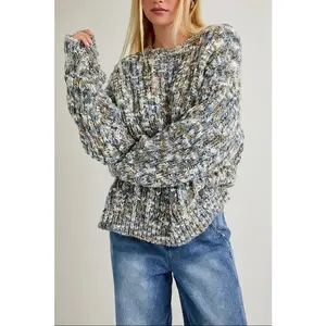 Clover Crew Neck Chunky Sweater - Multi Colored Ribbed Details Oversized Fit Light to Medium Weight Sweater for Lodge Days Long Sleeve