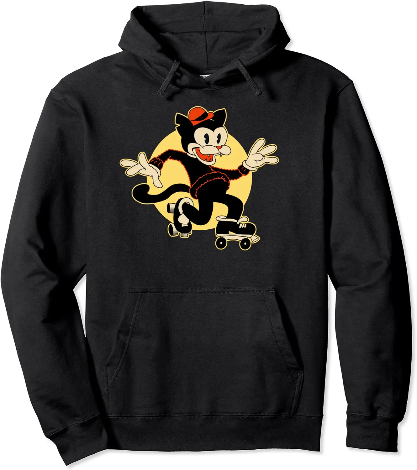 Roller-Skating Funky Black Cat - Retro 1920s - 1930s Style Pullover Hoodie - Hufsakha Shop 25B08C7ZSBH6