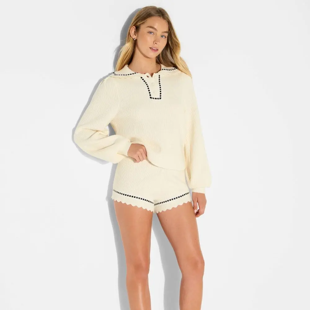 Women's Polo Collar Henley Sweater, Ribbed Knitwear Garment with Nylon Fabric - Wild Fable Women's Polo Collar Henley Sweater, Ribbed Knitwear Garment with Nylon Fabric - Wild Fable