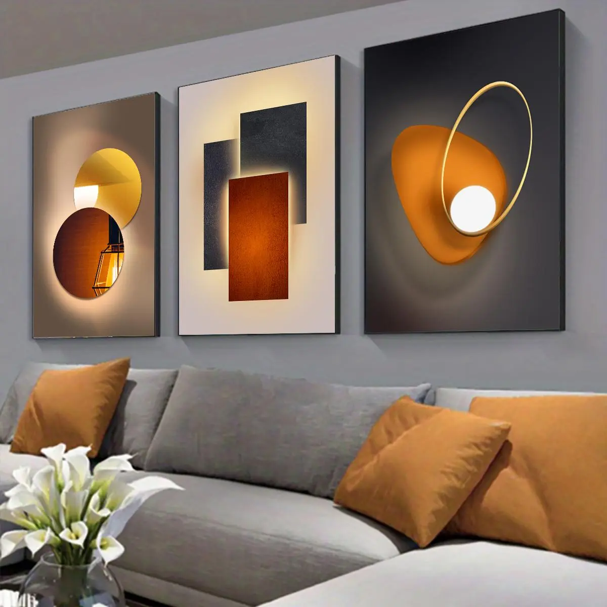 Abstract Geometry Unframed Canvas Poster, Geometric Art, Unframed Art Print, Modern Abstract Design, 3 Counts/set Warm Golden Light and Shadow Paintings, Home Decoration, Perfect Gift for Friends & Family