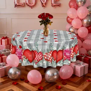 1pc Valentine' Red Buffalo Plaid Hearts Tablecloth - Washable Round/Rectangle/Oval Table Cover Suitable for Party Picnic Dinner Decor, Romantic Dining Table Covering, & - Valentine' Day Table Decorations