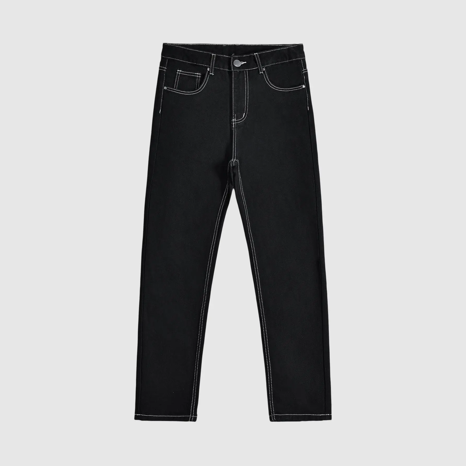 Men's High Cotton Black Straight Leg Jeans, White Stitching Detail Loose Fit Denim Pants, Casual Streetwear Baggy Trousers with Contrast Stitching, Relaxed Fit for Daily & Hip Hop