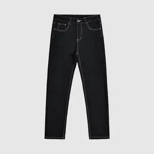 Men's High Cotton Black Straight Leg Jeans, White Stitching Detail Loose Fit Denim Pants, Casual Streetwear Baggy Trousers with Contrast Stitching, Relaxed Fit for Daily & Hip Hop