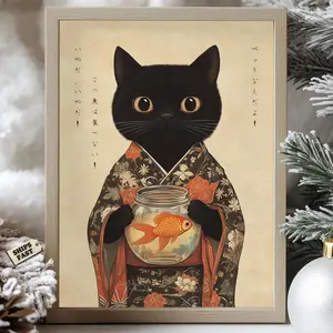 Japanese Black Cat Kimono Poster - Goldfish Art Print, Aesthetic Feline Decor, Elegant Wall Art, Traditional Japan, Unique Cat Gift, Unframed