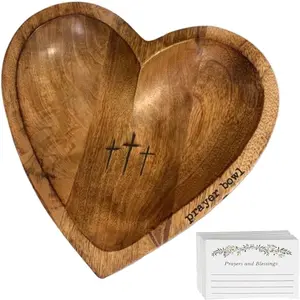 Prayer Bowl Wooden Heart Shape with Cross Handcrafted for Women High-Quality Burlywood Ornaments Decorative Religious Theme Letter Pattern decor