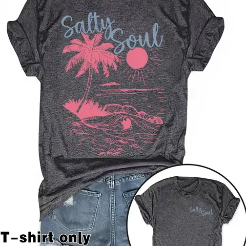Women's Letter & Beach Print Round Neck Tee, Casual Short Sleeve Crew Neck Fitted T-shirt for Summer, Fashion Women's Top for Daily Wear, Everyday, Womenswear, Streetwear, Casual Summer Chic, Beachy Tee