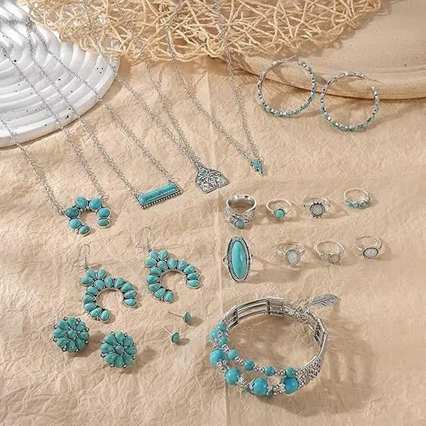 Turquoise Jewelry for Women Western Turquoise Necklace Dangle Earrings Boho Bracelet and Knuckle Rings Bohemian Western Jewelry Set for Women
