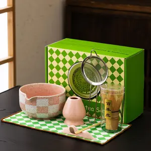 Premium 7-Piece Matcha Tea Set Traditional Japanese Style with Elegant Grid Pattern, Includes Bamboo Whisk, Ceramic Bowl, Scoop & More, Perfect for Matcha Lovers & Tea Ceremony (Pink grid)