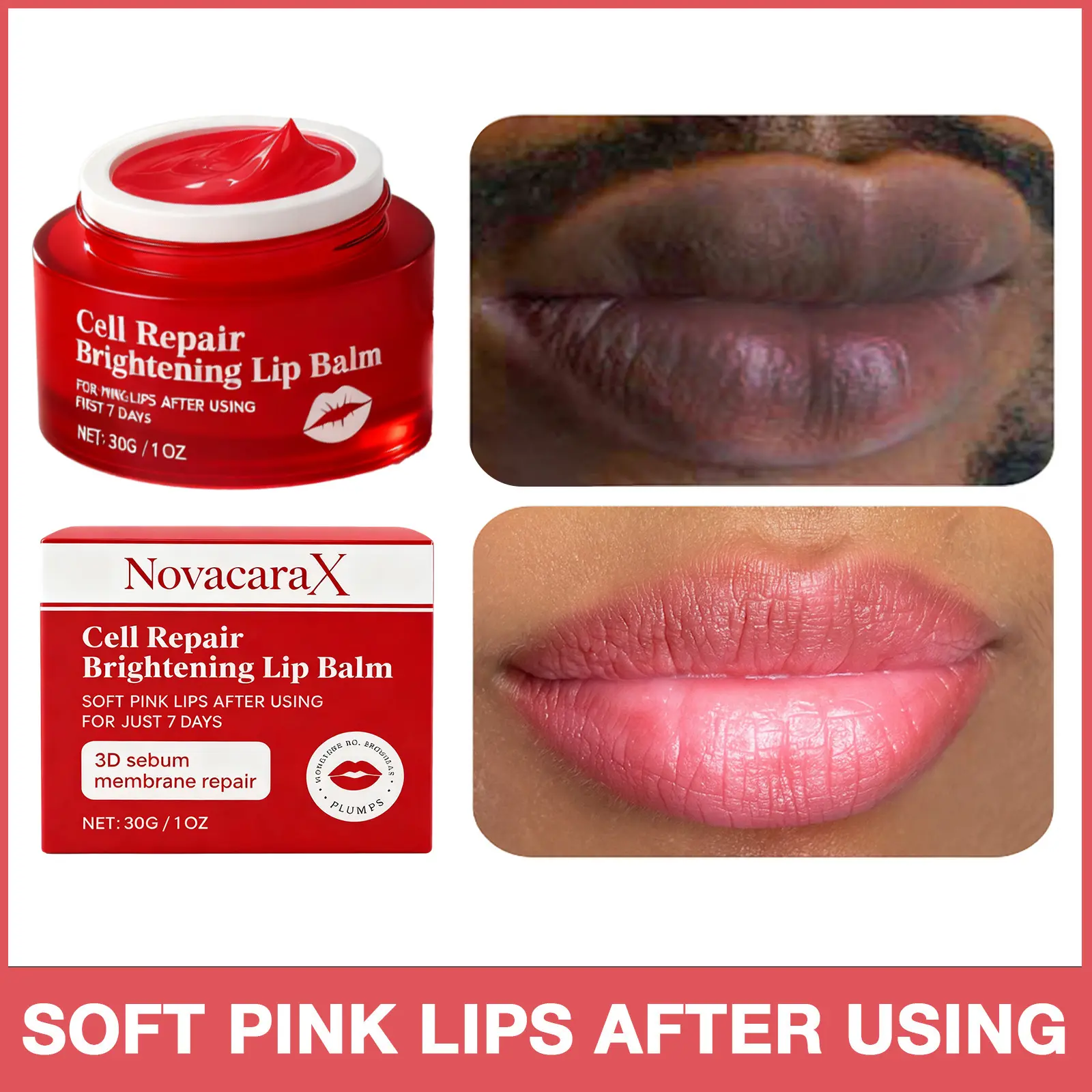 NovacaraX Cell Repair Brightening Lip Balm with Glycerin Avocado Oil & Vitamin E for Soft Pink Lips Anti-Crack Fade Lip Line Moisturizing Care