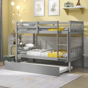 [Bellemave]Twin Over Twin Bunk Beds with Trundle, Solid Wood Trundle Bed Frame with Safety Rail and Ladder, Teens Bedroom, Guest Room Furniture, Can Be converted into 2 Beds,Grey