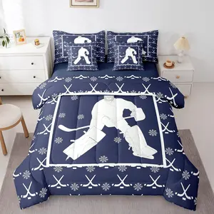 7 Pcs Comforter Set,Ice Hockey Bed in a Bag,Winter Sports Ball Gaming Bedding Set with Pillowcase and Case Reversible,Dark Blue