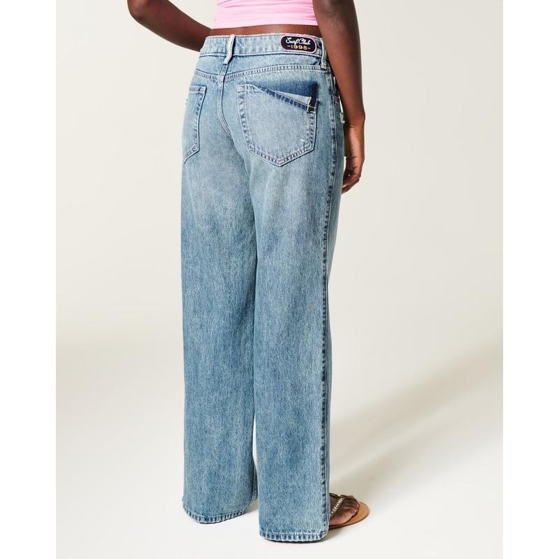 Hollister Low-Rise Medium Wash Foldover Waist Baggy Jeans