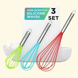 Silicone Whisks Set of 3 Sizes for Cooking Non-Scratch - Silicone Whisk Set - Hand Whisk -- Stainless Steel Whisk Egg Kitchen