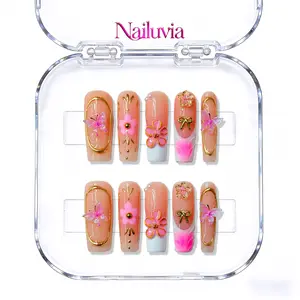 Nailuvia｜10PCS 100% Handmade Press-On Nails｜D187 1.3 Inch｜Reusable Colorful Art Acrylic Stylish｜Pink Butterfly & Gold Line Long Press-On Nails