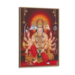 Handicraftstore Hanuman Panch Mukhi with Different Heads And Holding Various Weapons Canvas Poster Bedroom Decor Sports Landscape Office Room Decor Gift Frames Ornaments Decoration Photo Wall Artistic Print Frame-Style