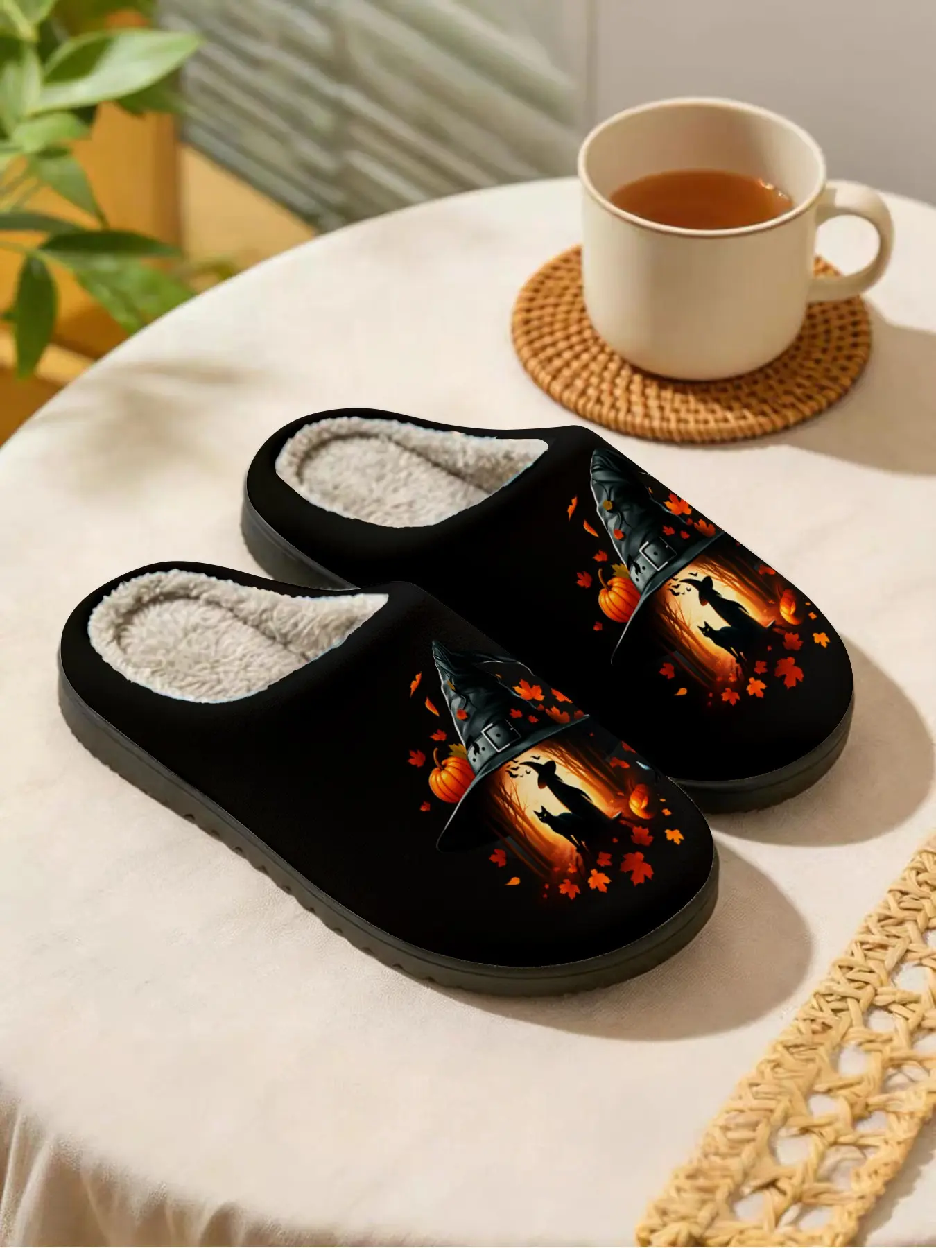 Halloween House Slippers 1 Pair | Witch Hat Black Cat Pumpkin Design | Cozy Fur Lining | Quiet Anti-Slip Sole | Men & Women Indoor
