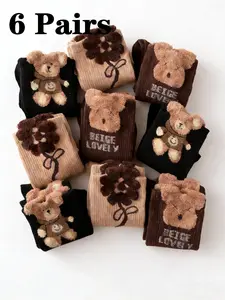 6 Pairs Cute Bear Mid-Calf Socks, Animal Pattern, Couple Style, Unisex, Spring & Fall, Fitted, Plush Teddy Bear Decorative Socks