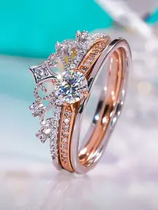 Fireworks Castle Ring, Princess Sparkling Diamond Crown Ring, Stackable Double-Layer Two-in-One Adjustable Rose Gold Ring, High-End and Versatile, Engagement/Wedding Ring, Exquisite Jewelry Gift, Perfect Gift for Wife, Girlfriend, Family, Exquisite Christ