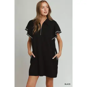 Umgee Half Zip Ruffle Rib Band Butterfy Sleeve Mini Dress with Pockets