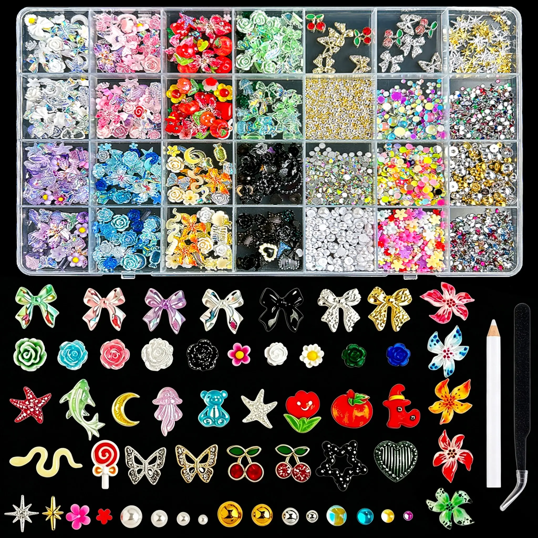 1Box Multiple Styles Classic Colorful Bow Flowers Bear Moon Realistic Pearl Resin Nail Charms 3D Y2K Hollowed Butterfly Cherry Mini Steel Bead Four-star Thin Flakes Mixed Nail Art Decorations DIY Ornaments Nail Art Accessories