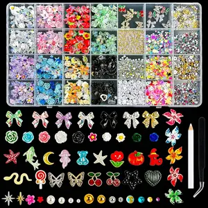 1Box Multiple Styles Classic Colorful Bow Flowers Bear Moon Realistic Pearl Resin Nail Charms 3D Y2K Hollowed Butterfly Cherry Mini Steel Bead Four-star Thin Flakes Mixed Nail Art Decorations DIY Ornaments