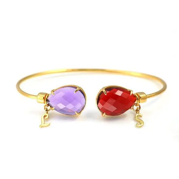 Mother's Adjustable Bangle Bracelet with Two Birthstones & Letter Charms