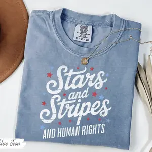 Comfort Colors Stars Stripes And Human Rights Shirt, Retro 4th Of July Tee, Liberal American T-Shirt, Patriotic Women, Feminist American Shirt For Women