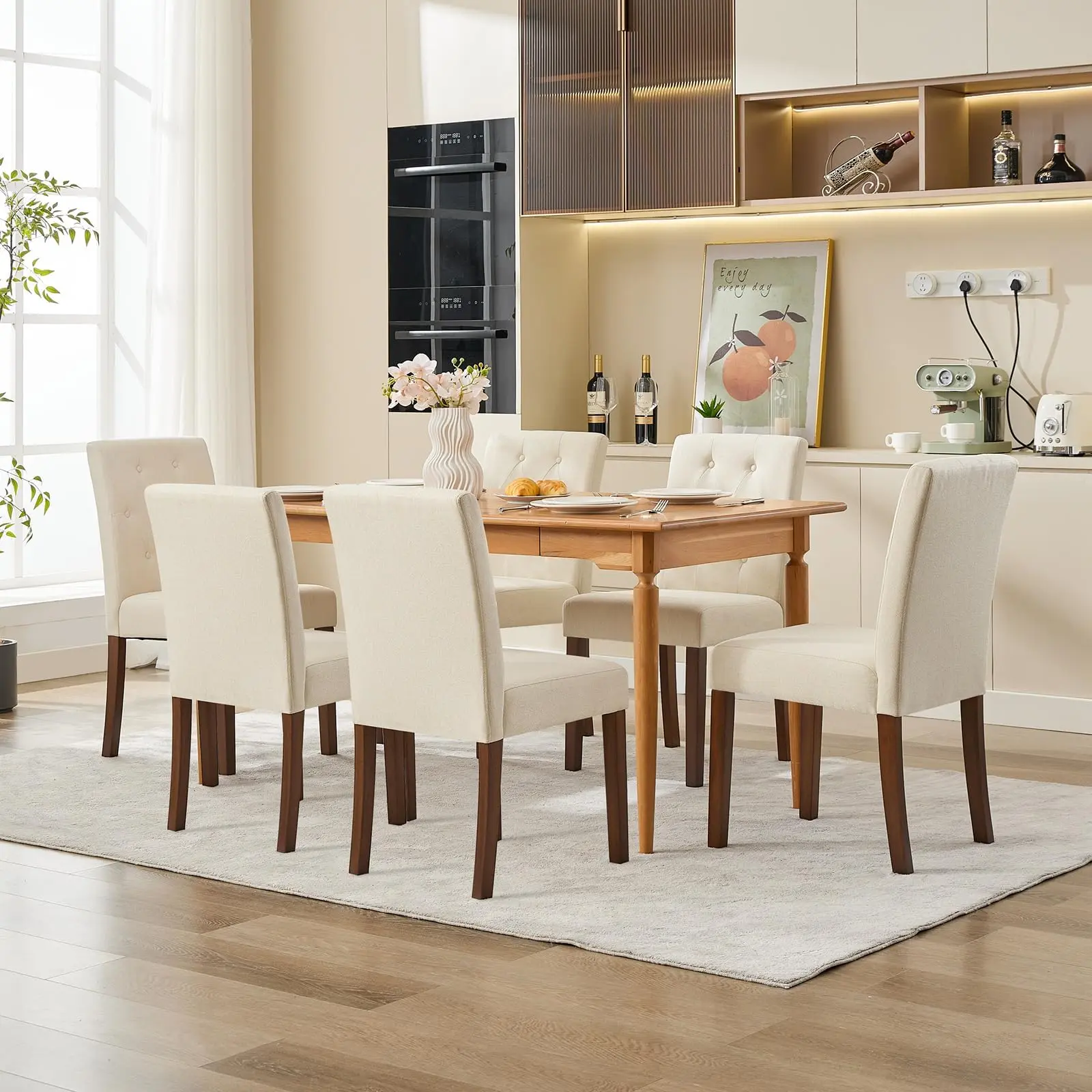 Garvee Upholstered Dining Chairs Set of 6, Button Tufted Parsons Chairs with Wood Legs and Padded Seat, Modern Fabric Side Chairs for Dining Room Kitchen Farmhouse Hotel, Beige