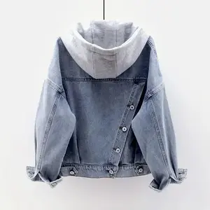 Women’s blue deconstructed hooded lapel denim jacket, loose button-front outerwear, denim jacket for women, casual basic long sleeves that pair well with a women’s raincoat GARMENTARY