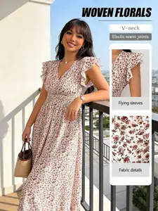 Plus Size Ditsy Floral Dress, V Neck Long Sleeve, Loose Fit, Casual Wear, Elegant French Country Style, Perfect for Vacation & Dates