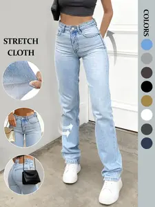 Women's Straight Leg Jeans, Comfortable Elastic Denim, Casual Fashion for Daily Wear and Outdoor Activities, All Seasons, Womenswear