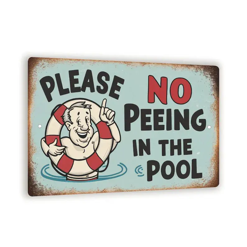 Vintage-Style "Please No Peeing In The Pool" Sign - Rustic Blue Background With Cheerful Cartoon 8x12