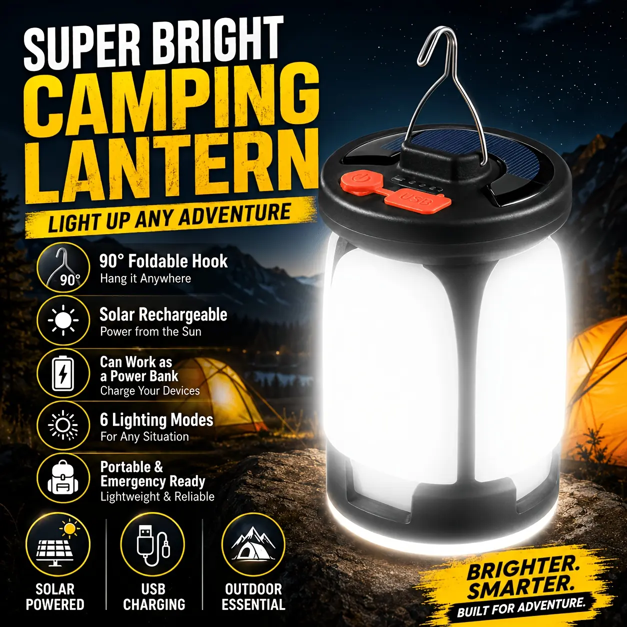Solar Camping Light with 6 Lighting Modes – Ultra-Bright Rechargeable LED Light; Portable Outdoor Lighting for Camping, Hiking, and Emergencies