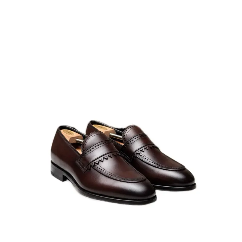Dark Brown Leather Penny Loafers with Intricate Stitching Details for Sophisticated Style