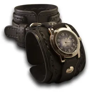Black Wide Layered Leather Cuff Watch