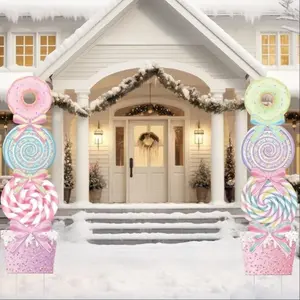 2Pcs Christmas outdoor garden and courtyard decoration signs, pink candy donut cake decoration, Candyland Theme, plastic hollow board with installation pole, sturdy and durable, Christmas home atmosphere decoration, Ornaments