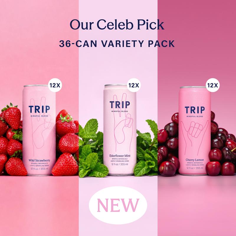 TRIP Our Celeb Pick Sparkling Magnesium Drink | 36 pk — Wild Strawberry + Cherry Lemon + Elderflower Mint — 120mg Magnesium, Lion's Mane, Chamomile & Lemon Balm, Non-Alcoholic, No Added Sugar, Vegan (36-Pack, 36 oz)