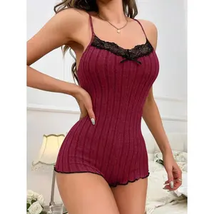 Women's Burgundy Patchwork Butterfly Lace Spaghetti Strap Camisole Jumpsuit with Appliques & Contrast Binding for Spring Summer Casual Wear jumpsuit romper romperswomen fourth of july overalls Fit Sleeve Womenswear Day Fabric Sleeveless Minimalist