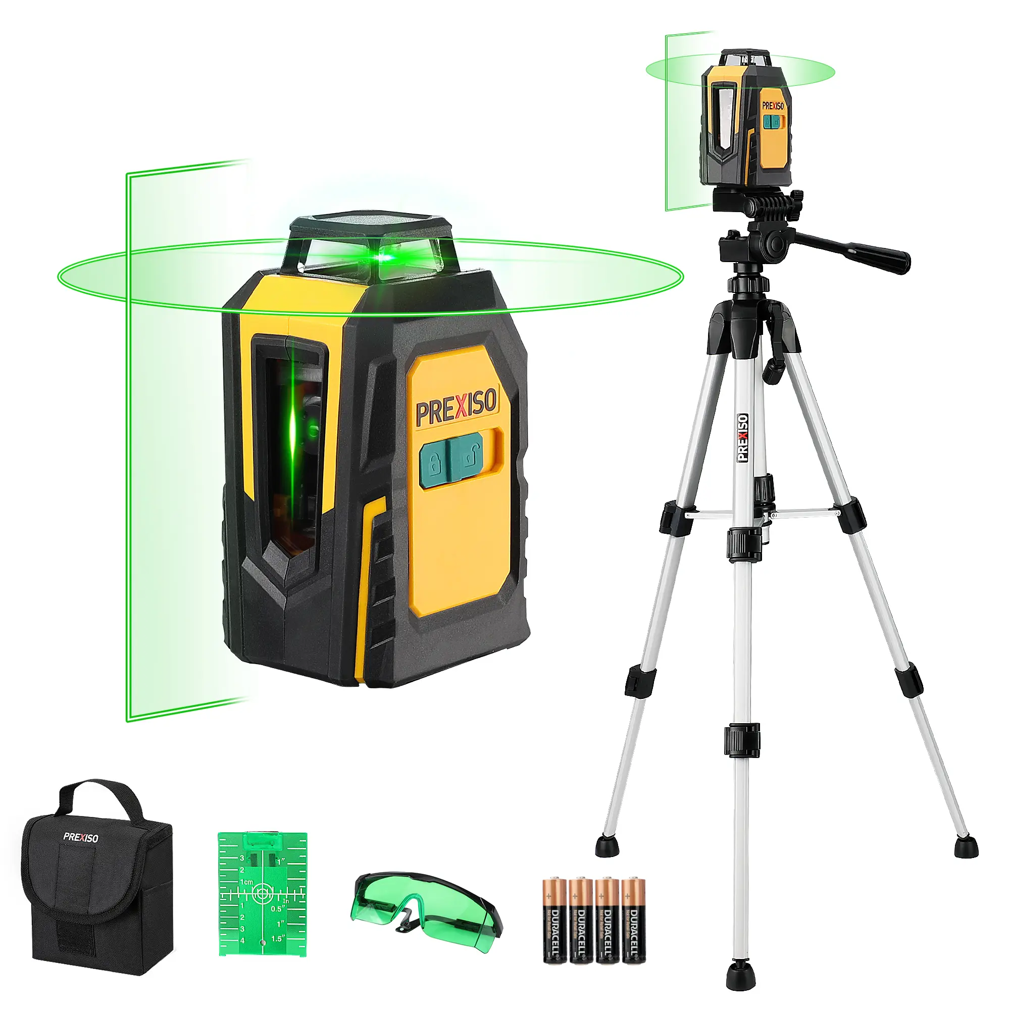 #fathersdaygift PREXISO 360° Laser Level with Tripod, 100Ft Self Leveling Cross Line Laser- Green Horizontal Line for Construction, Floor Tile, Renovation with Target Plate, Green Glasses, Carry Bag, 4 AA Batteries