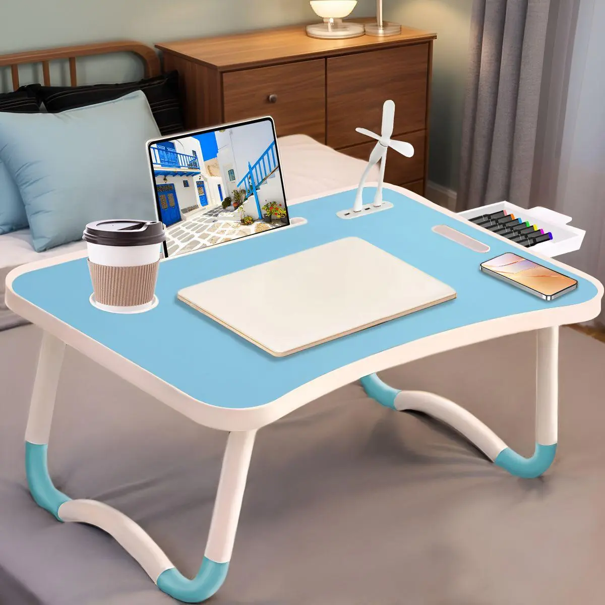 Portable Folding Wooden Work Table - Home Office Desk Furniture with Storage, Drawers, Tiltable Adjustable Design, Fan, Luminous Light, Cup Holder for Students + Black Kitchen Chopping Knives