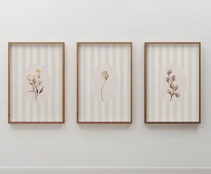 Beige Stripes and Wildflowers Poster Set of 3 | Vintage Beige Stripes Floral Prints | Watercolor Botanical Art Trio Prints for Home Decor Frames Glossy