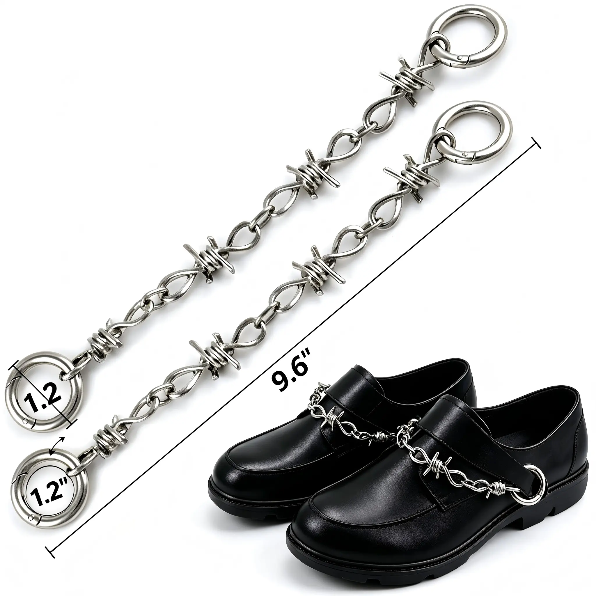 2 Pcs Silver Detachable Metal Chain Spikes Shoe Charms with O-Rings, Punk Barbed Wire Gothic Accessories for Shoes, Backpacks, Streetwear DIY Ornaments for Men & Women