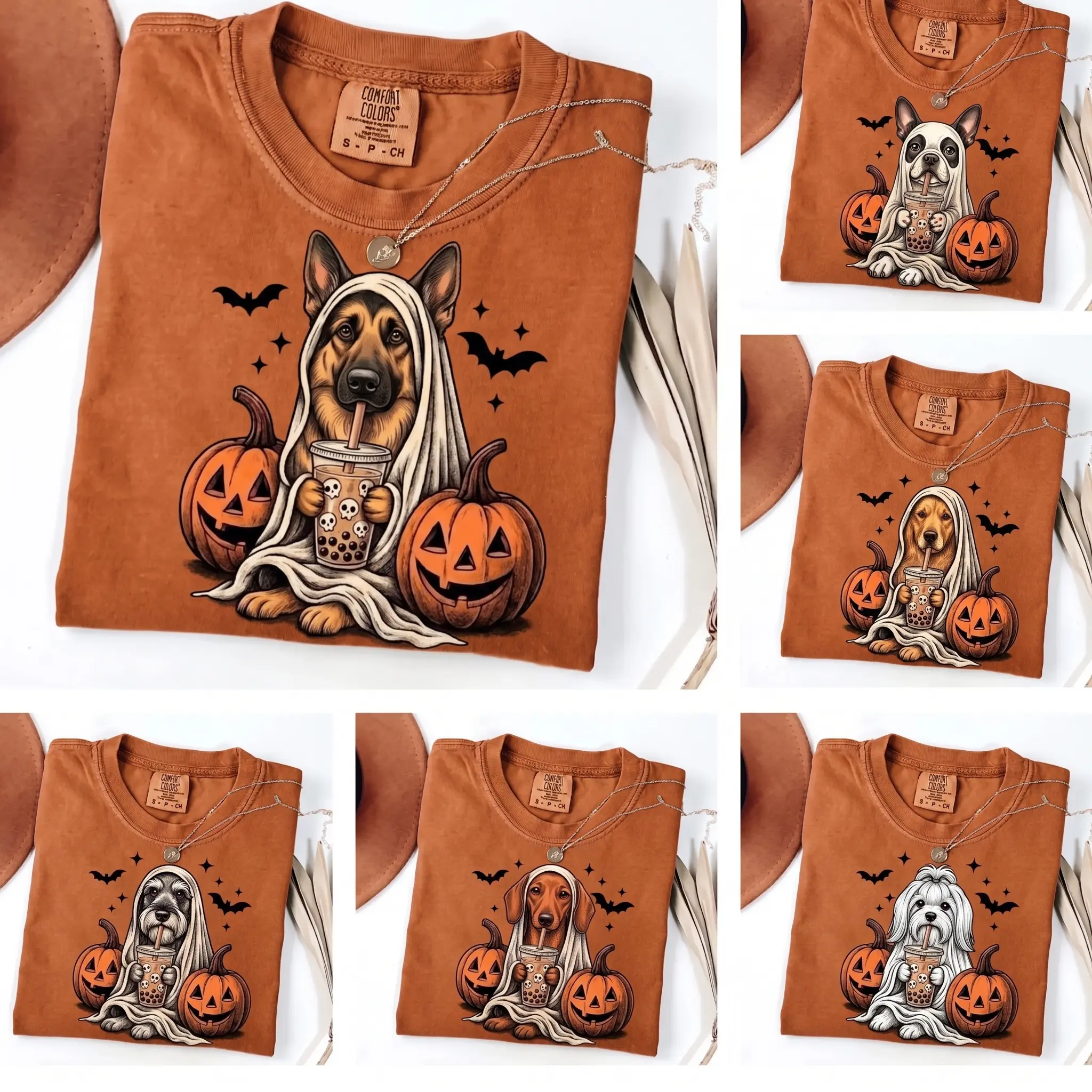 Custom Women's Basic Cotton Comfort Colors Yam Dog Print T-Shirt, Digital Print Clothes - Custom Ghost & Boba Tea Halloween Tee, Funny Dog-Themed Halloween Gift (50+ Breeds Available)
